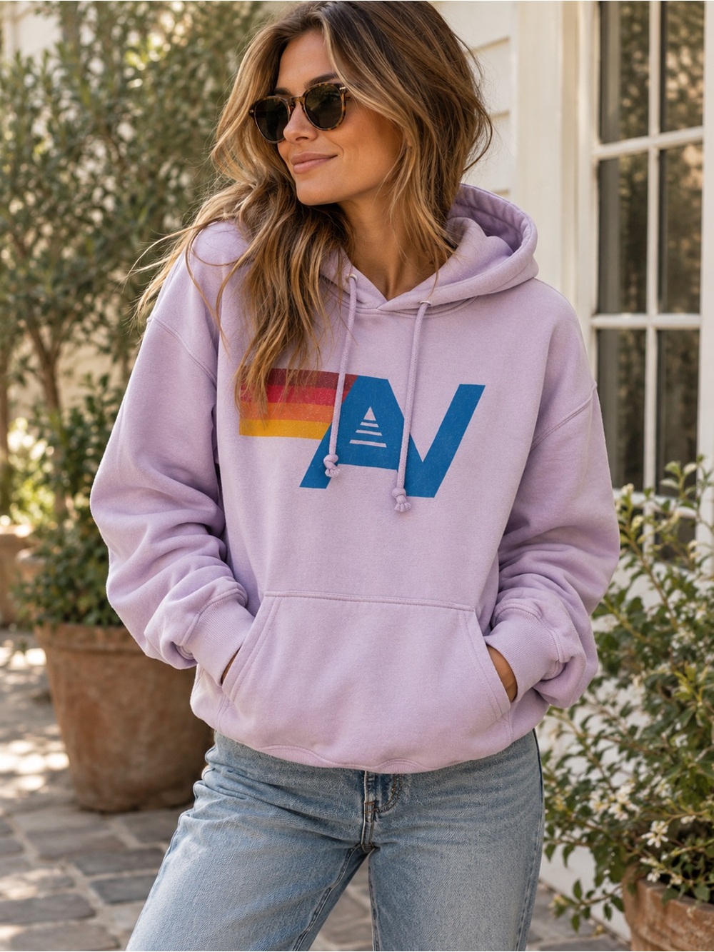 Aviator Nation Lavender Hoodie with Retro Rainbow Logo